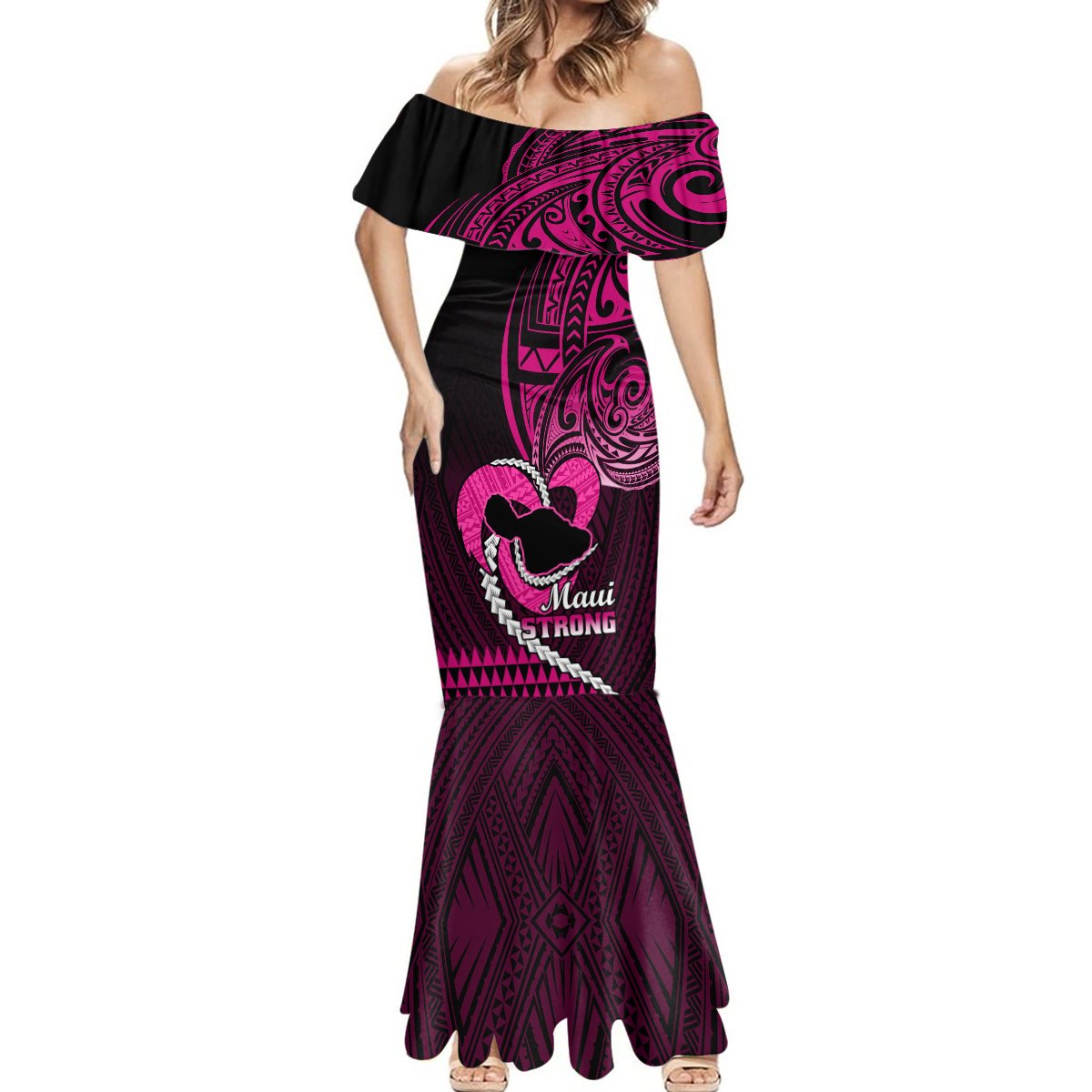Personalised Hawaii Mermaid Dress Maui Be Strong Kakau Pink Version LT01 - Polynesian Pride