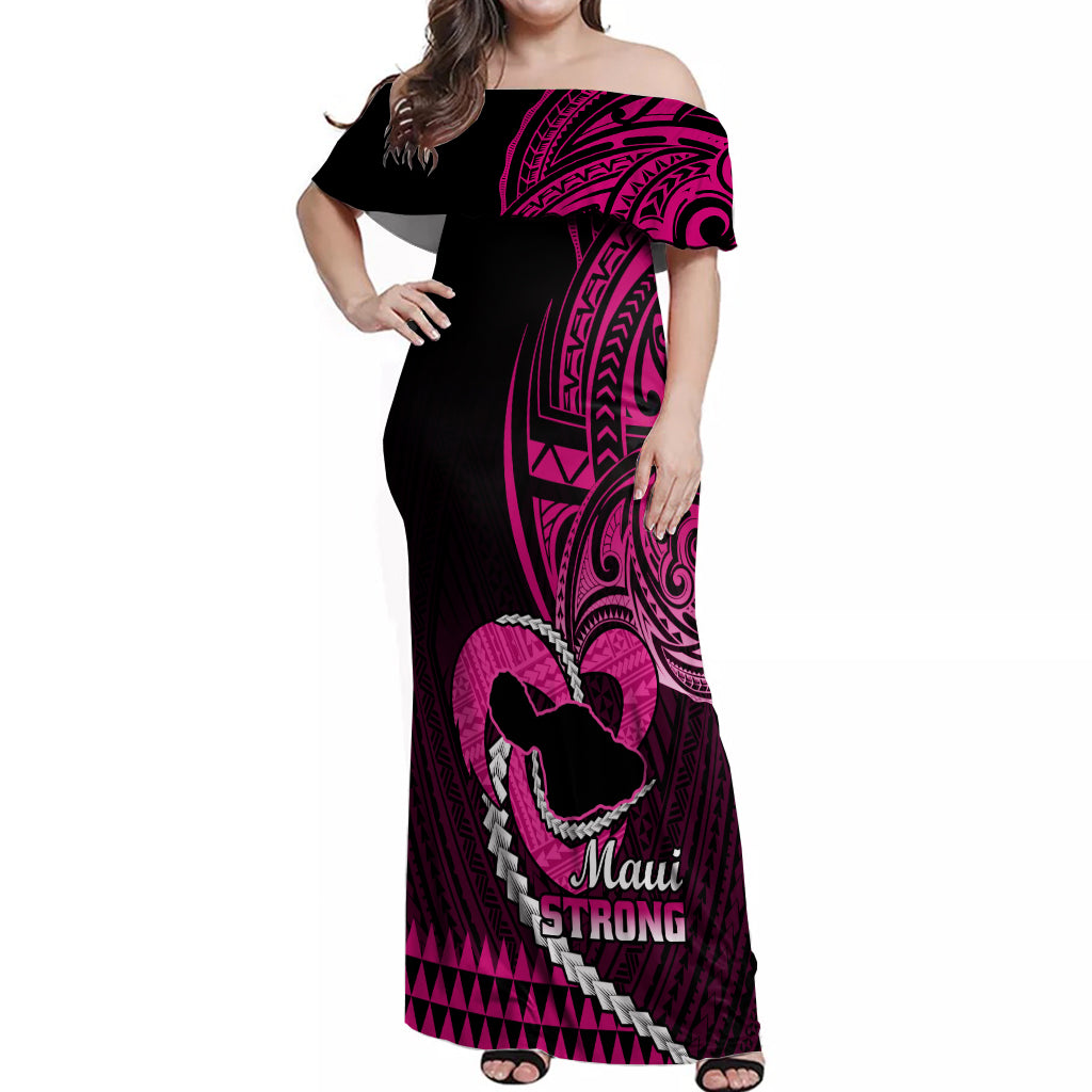 Personalised Hawaii Off Shoulder Maxi Dress Maui Be Strong Kakau Pink Version LT01 Women Pink - Polynesian Pride