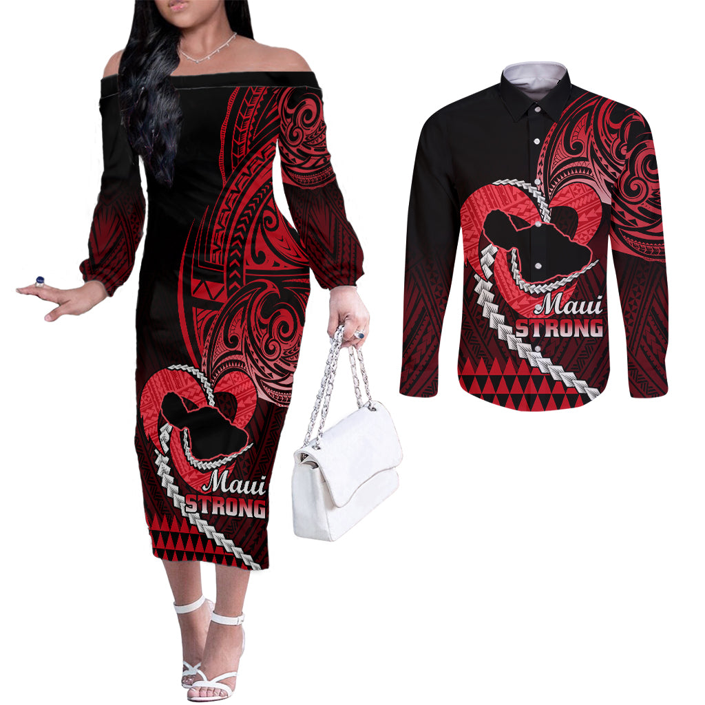 Personalised Hawaii Couples Matching Off The Shoulder Long Sleeve Dress and Long Sleeve Button Shirts Maui Be Strong Kakau Red Version LT01 Red - Polynesian Pride