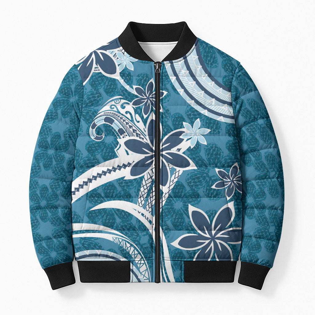 Hawaii Pupuala Plumeria Blue Bomber Puffer Jacket Polynesian Pattern LT01 Unisex Blue - Polynesian Pride