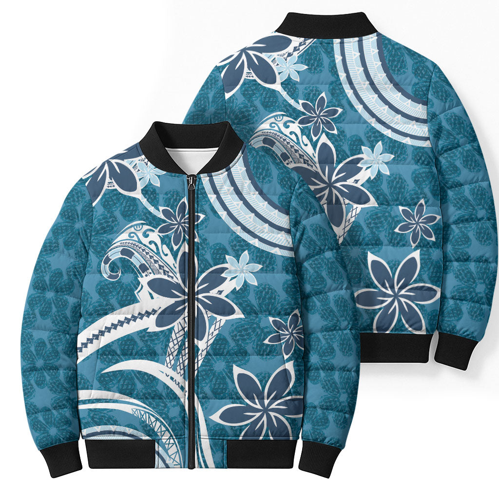 Hawaii Pupuala Plumeria Blue Bomber Puffer Jacket Polynesian Pattern LT01 - Polynesian Pride