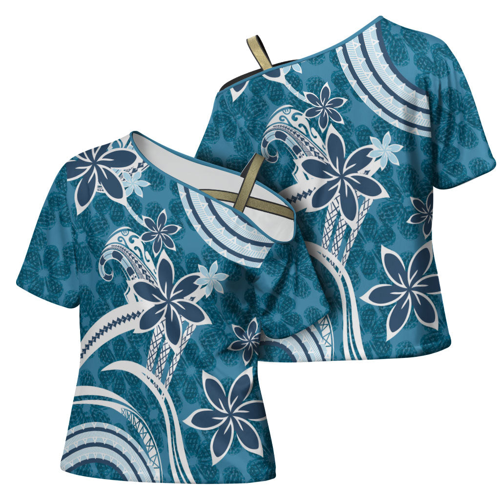 Hawaii Pupuala Plumeria Blue Cross Shoulder Shirt Polynesian Pattern LT01 - Polynesian Pride
