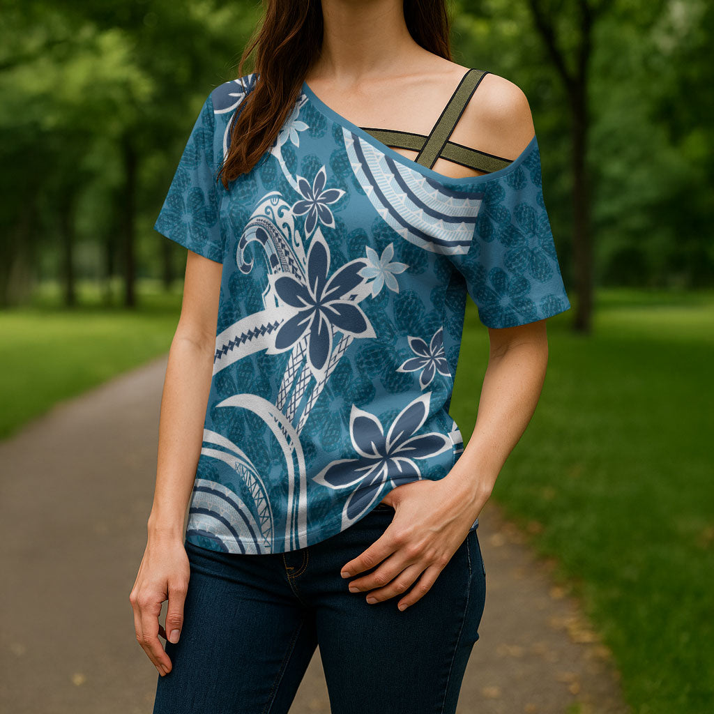 Hawaii Pupuala Plumeria Blue Cross Shoulder Shirt Polynesian Pattern LT01 - Polynesian Pride