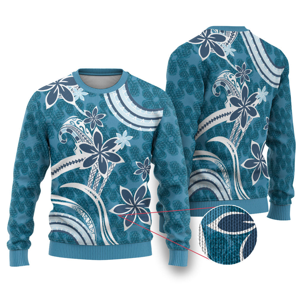 Hawaii Pupuala Plumeria Blue Ugly Christmas Sweater Polynesian Pattern LT01 Blue - Polynesian Pride