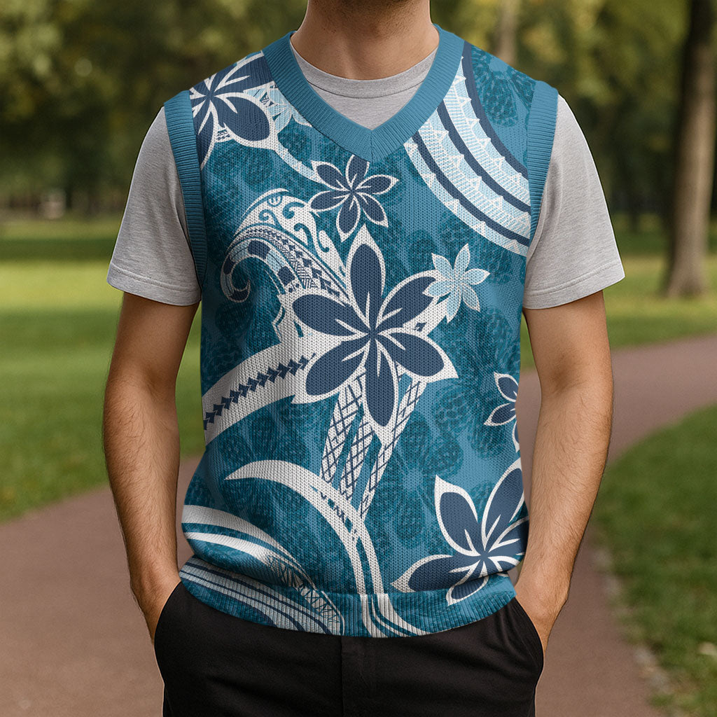 Hawaii Pupuala Plumeria Blue Christmas Knitted V-Neck Vest Polynesian Pattern LT01 - Polynesian Pride