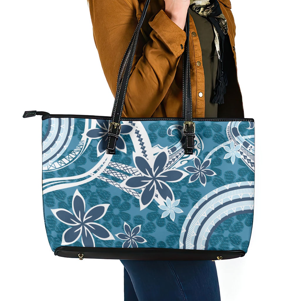 Hawaii Pupuala Plumeria Blue Leather Tote Bag Polynesian Pattern LT01 - Polynesian Pride