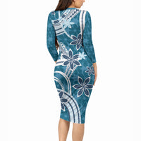 Hawaii Pupuala Plumeria Blue Long Sleeve Bodycon Dress Polynesian Pattern LT01 - Polynesian Pride