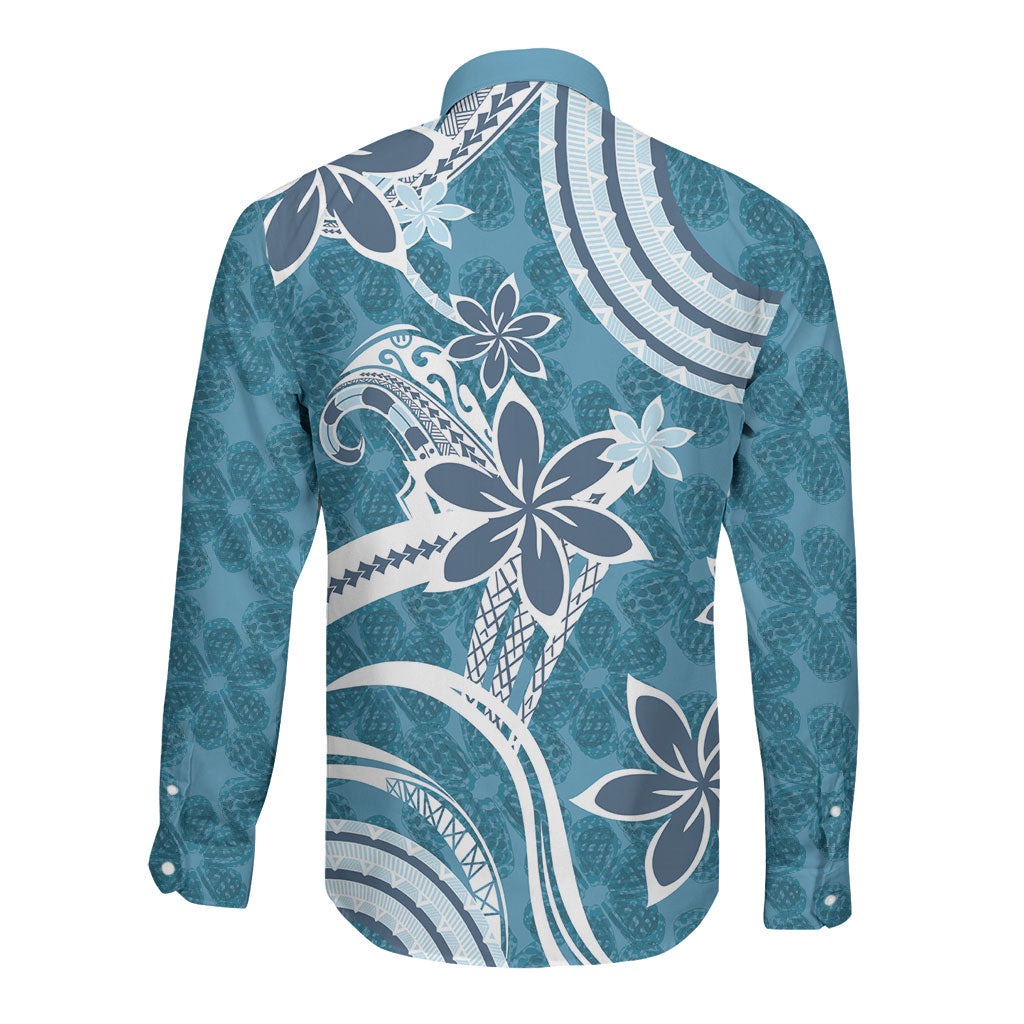 Hawaii Pupuala Plumeria Blue Long Sleeve Button Shirt Polynesian Pattern LT01 - Polynesian Pride