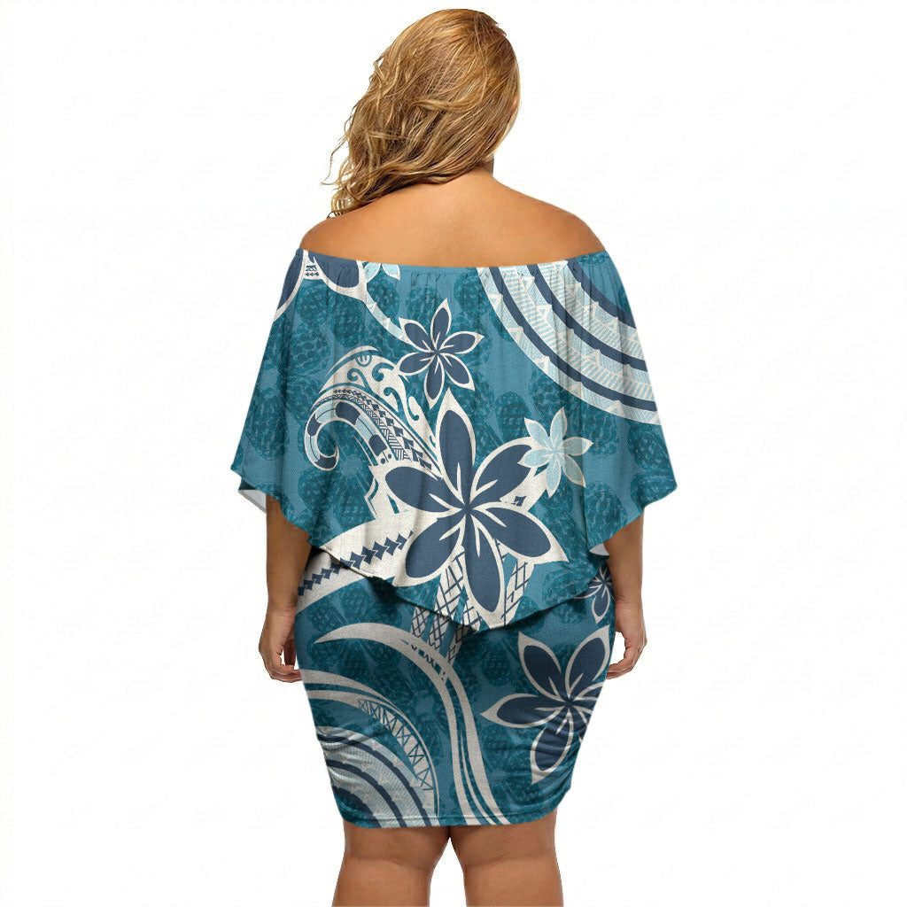 Hawaii Pupuala Plumeria Blue Off Shoulder Short Dress Polynesian Pattern LT01 - Polynesian Pride
