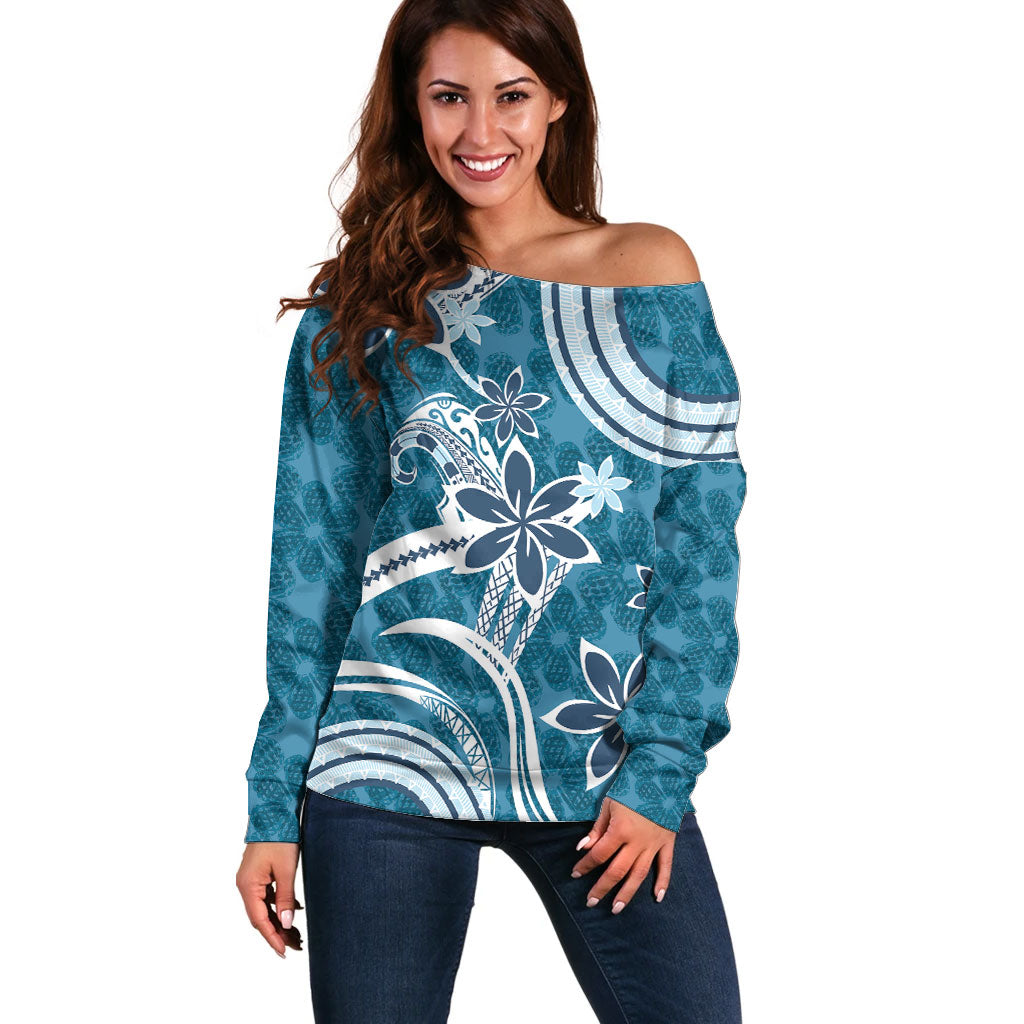 Hawaii Pupuala Plumeria Blue Off Shoulder Sweater Polynesian Pattern LT01 Women Blue - Polynesian Pride