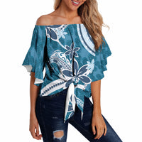 Hawaii Pupuala Plumeria Blue Off Shoulder Wrap Waist Top Polynesian Pattern LT01 Blue - Polynesian Pride