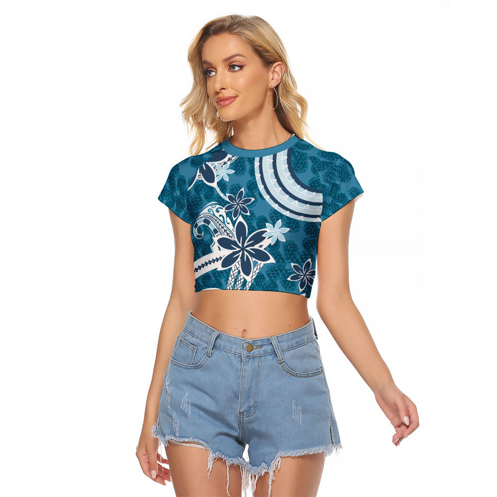 Hawaii Pupuala Plumeria Blue Raglan Cropped T Shirt Polynesian Pattern LT01 Female Blue - Polynesian Pride