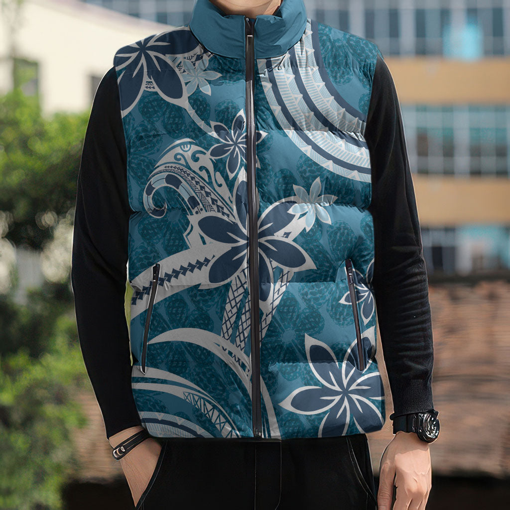 Hawaii Pupuala Plumeria Blue Sleeveless Puffer Jacket Polynesian Pattern LT01 - Polynesian Pride