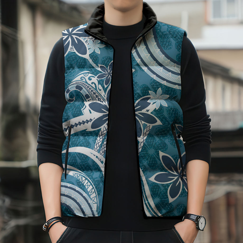 Hawaii Pupuala Plumeria Blue Sleeveless Puffer Jacket Polynesian Pattern LT01 - Polynesian Pride