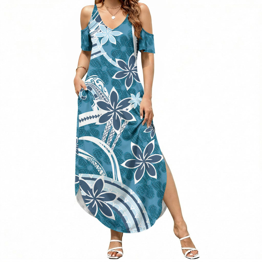 Hawaii Pupuala Plumeria Blue Summer Maxi Dress Polynesian Pattern LT01 Women Blue - Polynesian Pride
