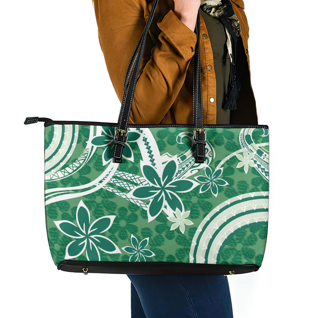 Hawaii Pupuala Plumeria Green Leather Tote Bag Polynesian Pattern LT01 - Polynesian Pride