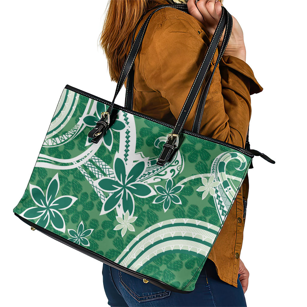 Hawaii Pupuala Plumeria Green Leather Tote Bag Polynesian Pattern LT01 - Polynesian Pride