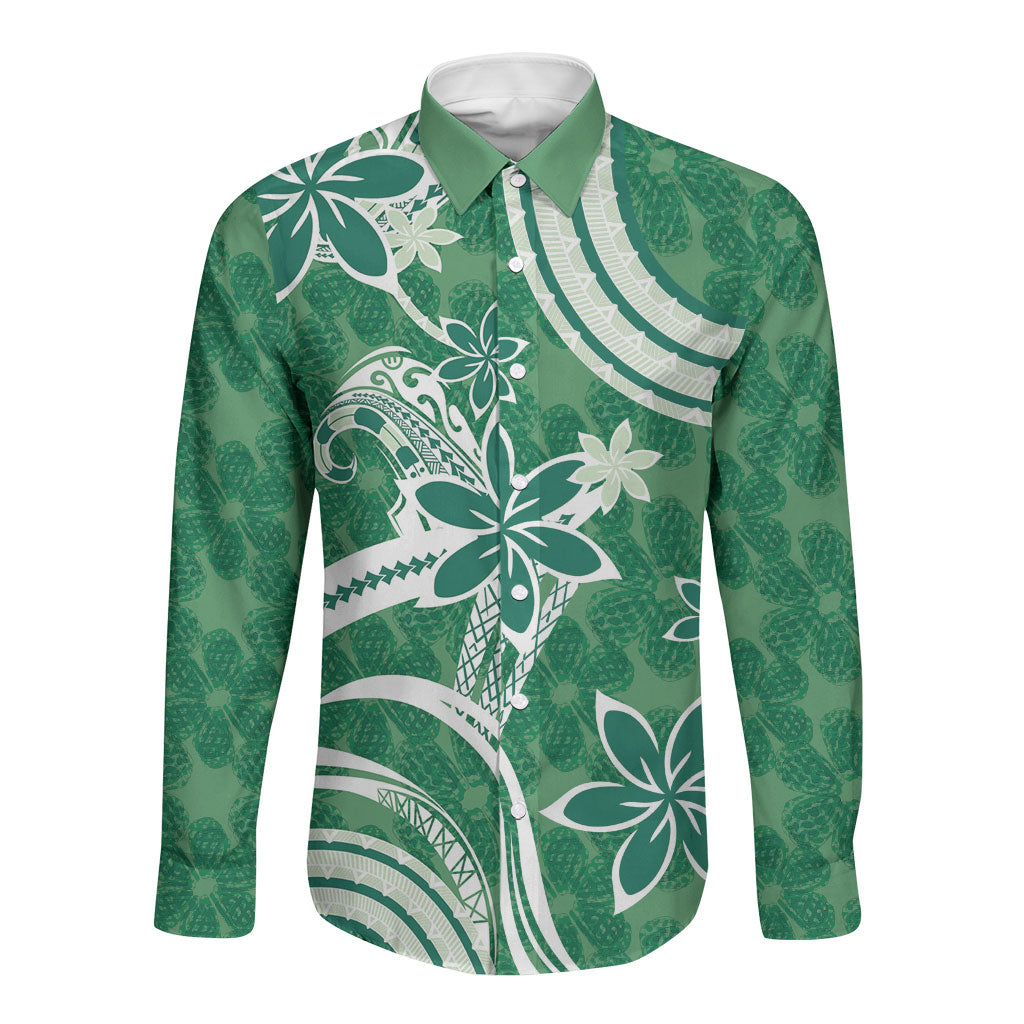 Hawaii Pupuala Plumeria Green Long Sleeve Button Shirt Polynesian Pattern LT01 Unisex Green - Polynesian Pride
