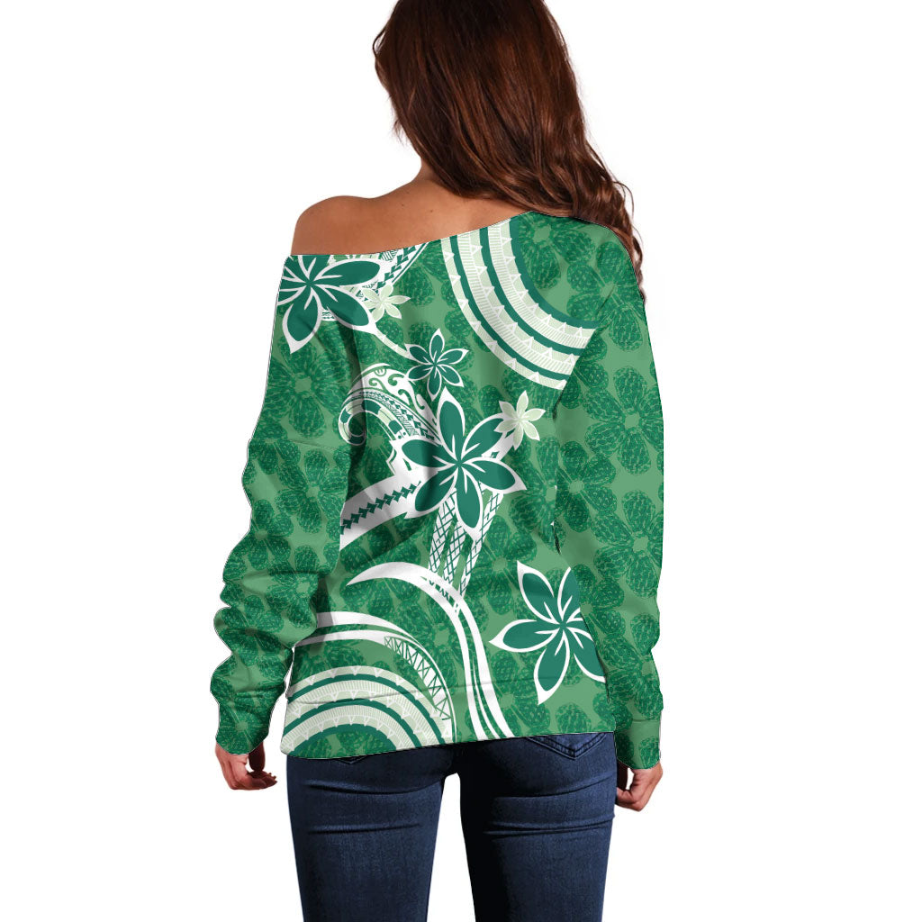 Hawaii Pupuala Plumeria Green Off Shoulder Sweater Polynesian Pattern LT01 - Polynesian Pride