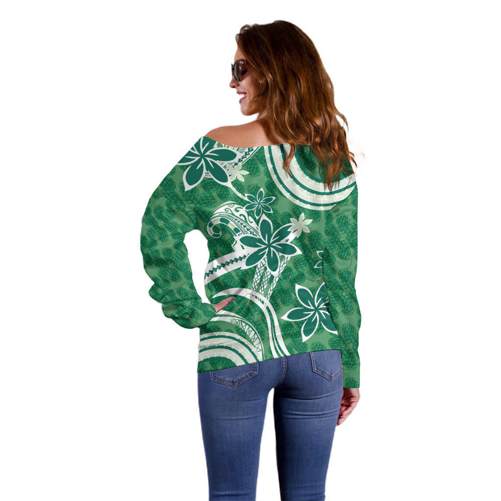 Hawaii Pupuala Plumeria Green Off Shoulder Sweater Polynesian Pattern LT01 - Polynesian Pride