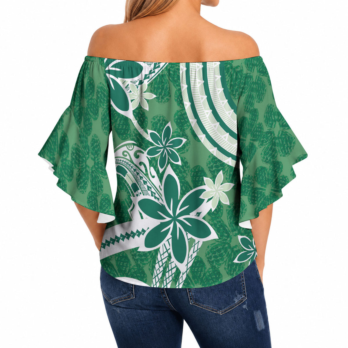Hawaii Pupuala Plumeria Green Off Shoulder Wrap Waist Top Polynesian Pattern LT01 - Polynesian Pride