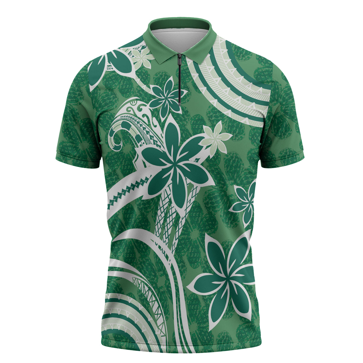 Hawaii Pupuala Plumeria Green Zipper Polo Shirt Polynesian Pattern LT01 Green - Polynesian Pride