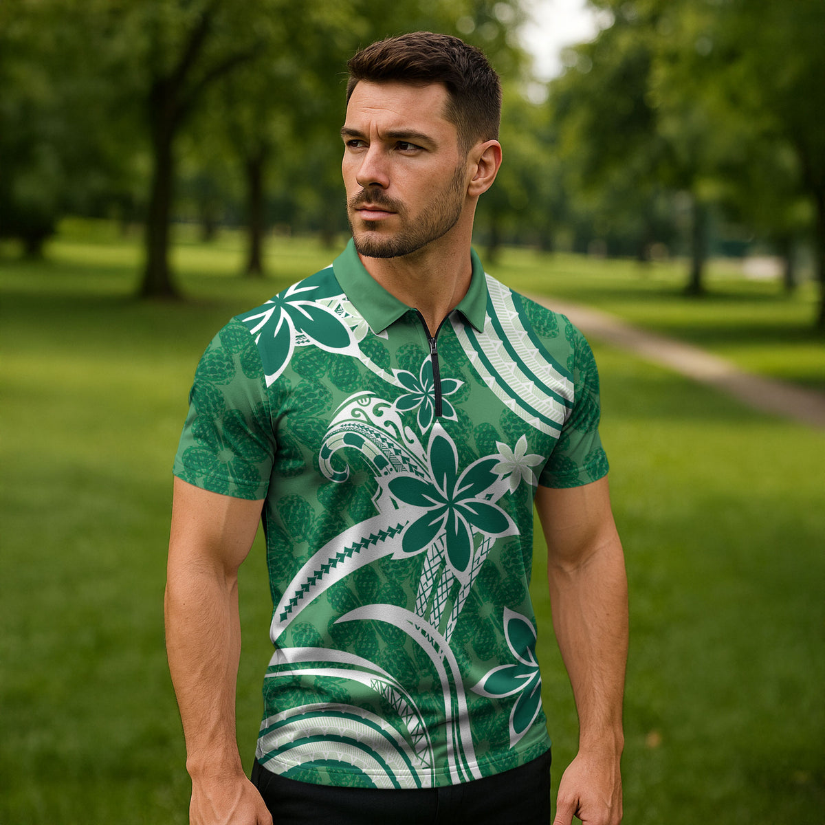 Hawaii Pupuala Plumeria Green Zipper Polo Shirt Polynesian Pattern LT01 - Polynesian Pride