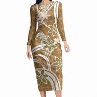 Hawaii Pupuala Plumeria Light Brown Long Sleeve Bodycon Dress Polynesian Pattern LT01 Long Dress Light Brown - Polynesian Pride