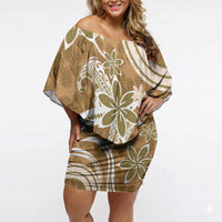 Hawaii Pupuala Plumeria Light Brown Off Shoulder Short Dress Polynesian Pattern LT01 Women Light Brown - Polynesian Pride