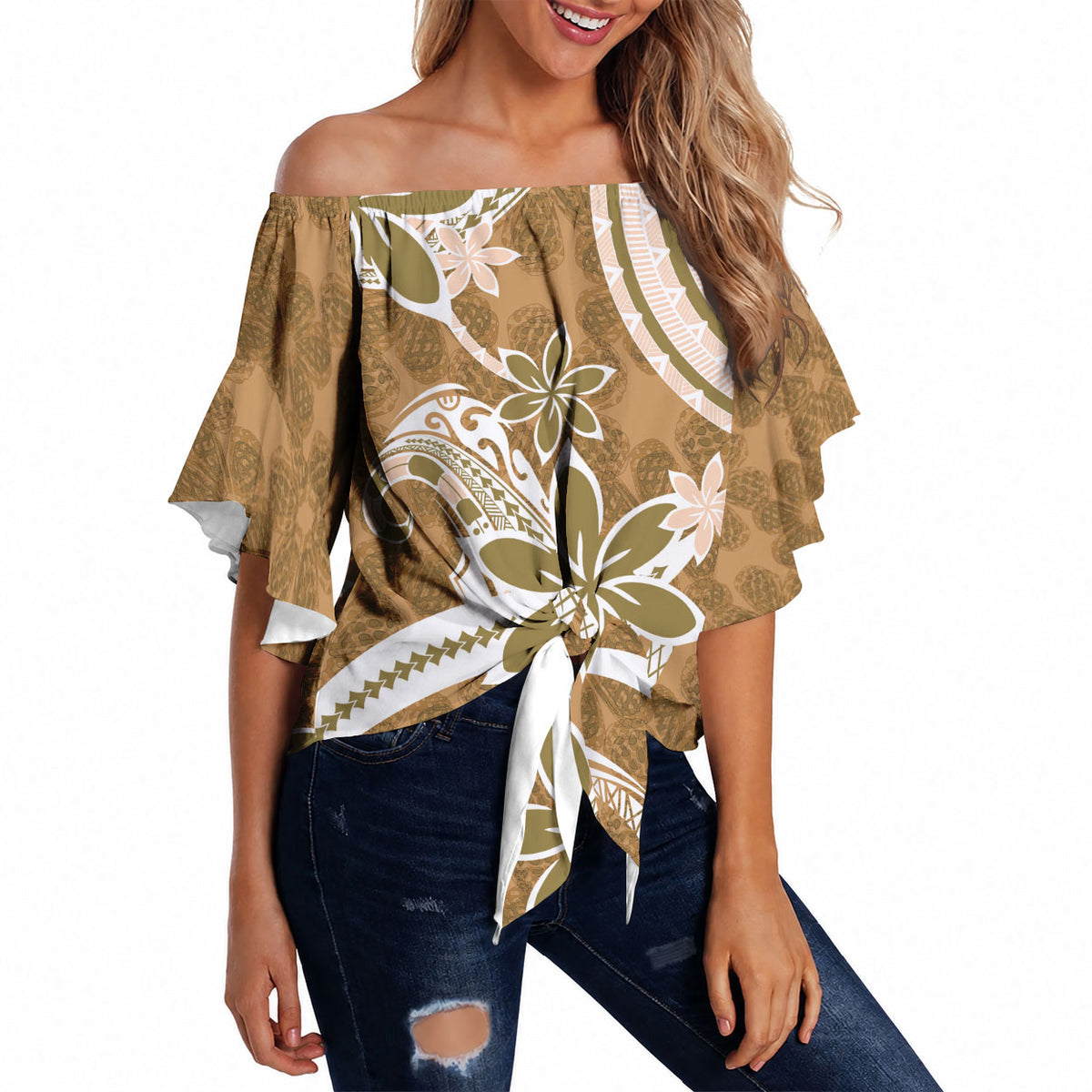 Hawaii Pupuala Plumeria Light Brown Off Shoulder Wrap Waist Top Polynesian Pattern LT01 Light Brown - Polynesian Pride