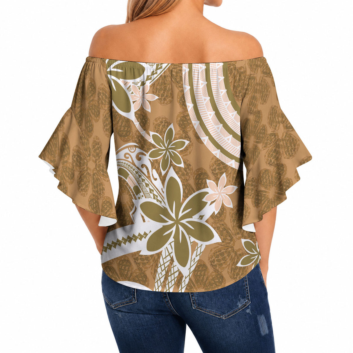 Hawaii Pupuala Plumeria Light Brown Off Shoulder Wrap Waist Top Polynesian Pattern LT01 - Polynesian Pride