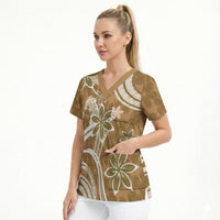 Hawaii Pupuala Plumeria Light Brown Scrub Top Polynesian Pattern LT01 - Polynesian Pride