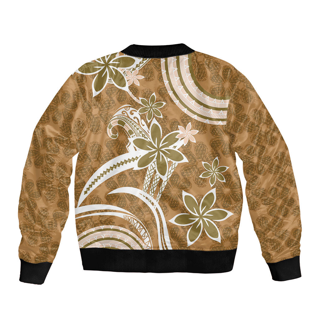 Hawaii Pupuala Plumeria Light Brown Sleeve Zip Bomber Jacket Polynesian Pattern LT01 - Polynesian Pride