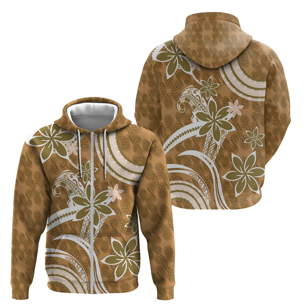 Hawaii Pupuala Plumeria Light Brown Zip Hoodie Polynesian Pattern LT01 - Polynesian Pride