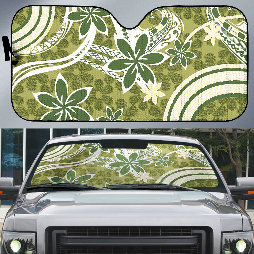 Hawaii Pupuala Plumeria Olive Green Auto Sun Shade Polynesian Pattern LT01 Olive Green - Polynesian Pride