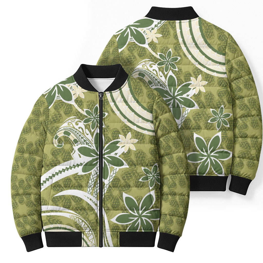Hawaii Pupuala Plumeria Olive Green Bomber Puffer Jacket Polynesian Pattern LT01 - Polynesian Pride