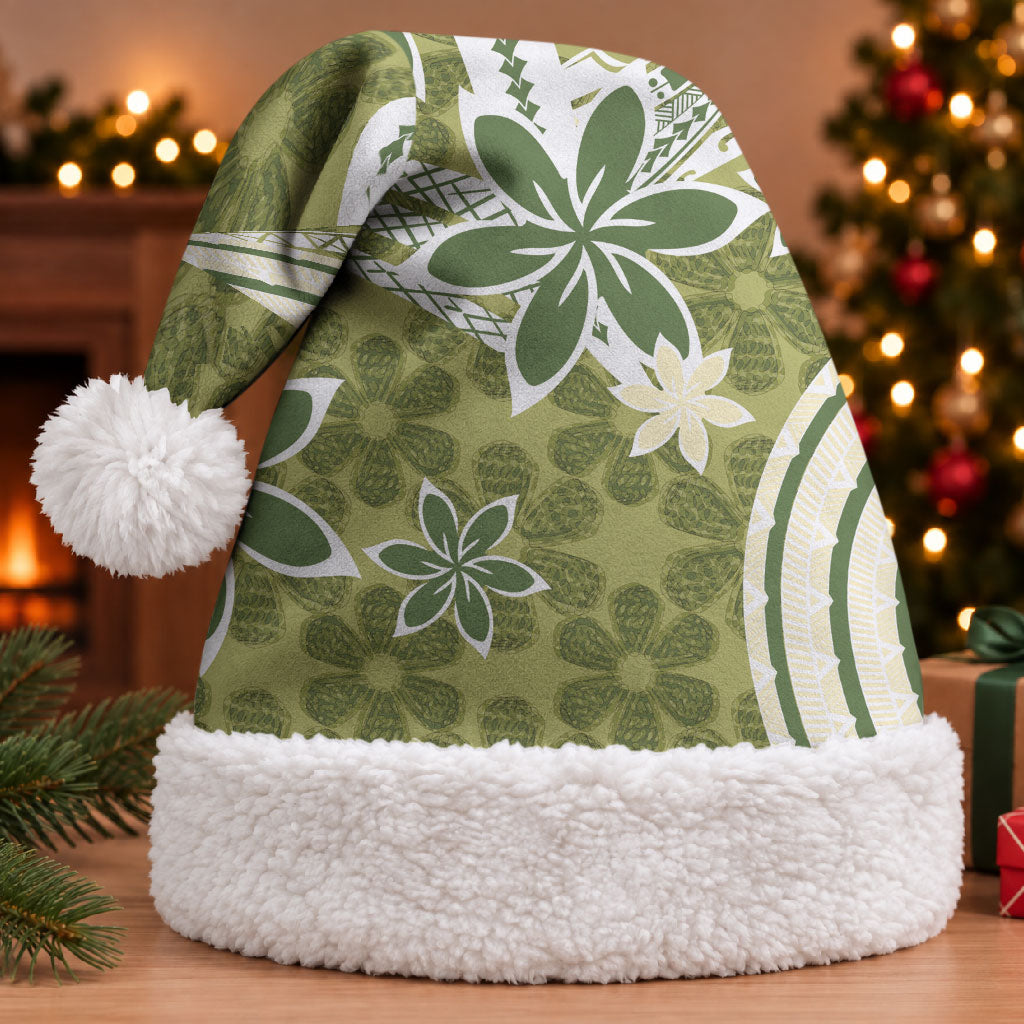 Hawaii Pupuala Plumeria Olive Green Christmas Santa Hat Polynesian Pattern LT01 With Fur Olive Green - Polynesian Pride