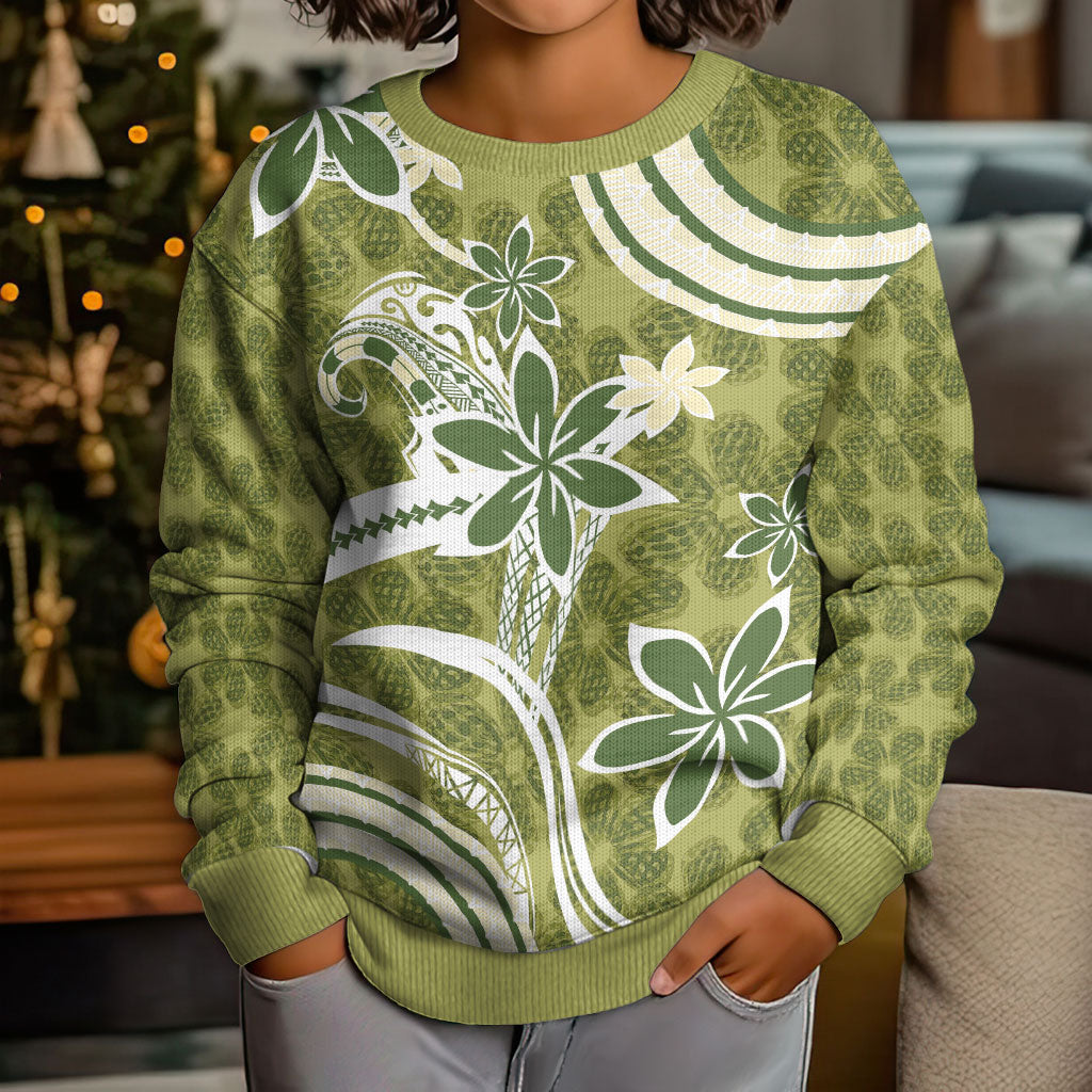 Hawaii Pupuala Plumeria Olive Green Kid Ugly Christmas Sweater Polynesian Pattern LT01 - Polynesian Pride