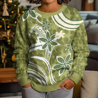 Hawaii Pupuala Plumeria Olive Green Kid Ugly Christmas Sweater Polynesian Pattern LT01 - Polynesian Pride