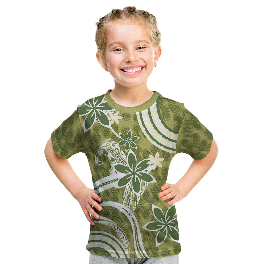 Hawaii Pupuala Plumeria Olive Green Kid T Shirt Polynesian Pattern LT01 Olive Green - Polynesian Pride