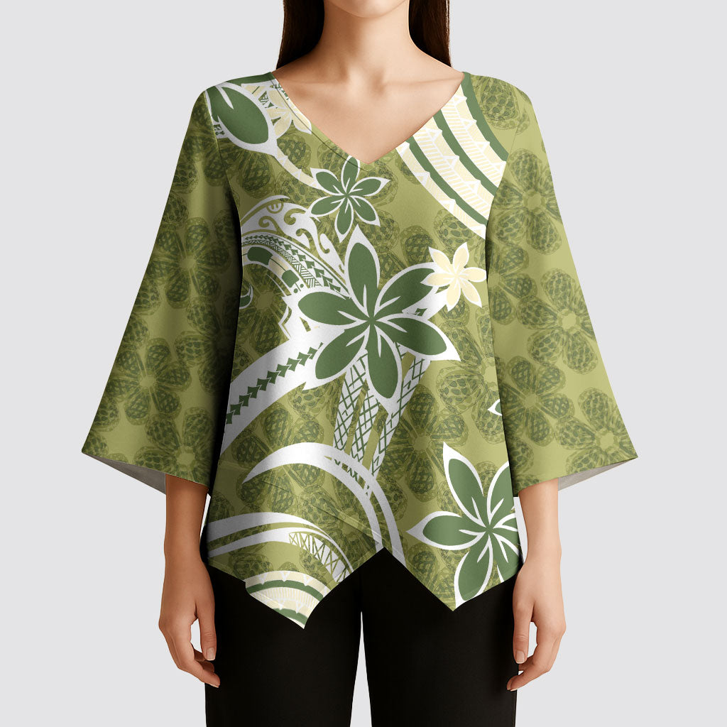 Hawaii Pupuala Plumeria Olive Green Kimono Sleeve Blouse Polynesian Pattern LT01 - Polynesian Pride