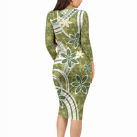 Hawaii Pupuala Plumeria Olive Green Long Sleeve Bodycon Dress Polynesian Pattern LT01 - Polynesian Pride