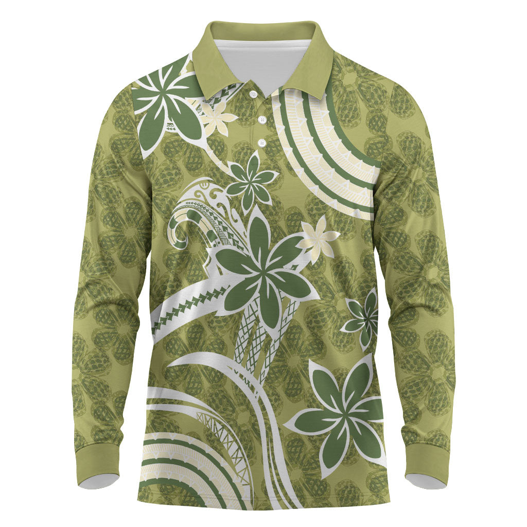 Hawaii Pupuala Plumeria Olive Green Long Sleeve Polo Shirt Polynesian Pattern LT01 Olive Green - Polynesian Pride