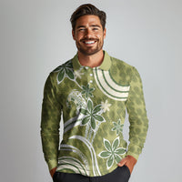 Hawaii Pupuala Plumeria Olive Green Long Sleeve Polo Shirt Polynesian Pattern LT01 - Polynesian Pride