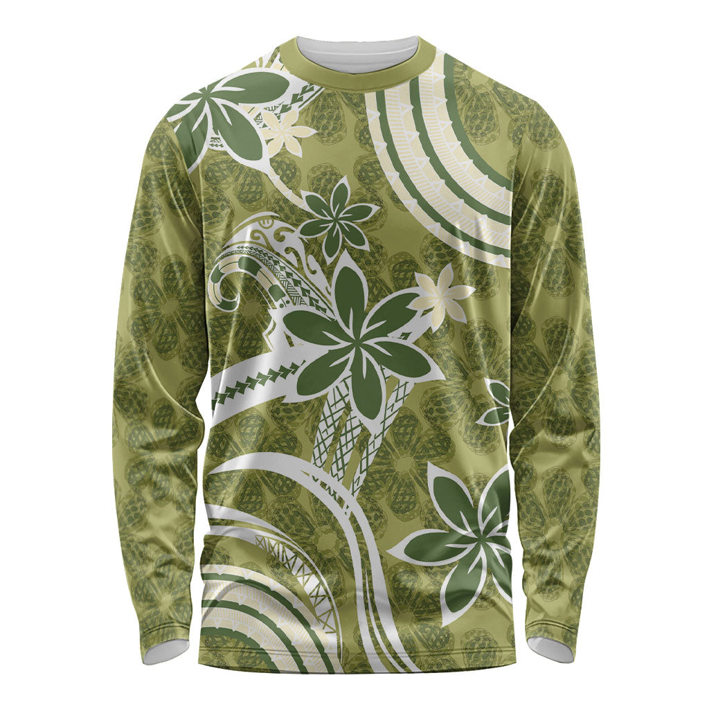 Hawaii Pupuala Plumeria Olive Green Long Sleeve Shirt Polynesian Pattern LT01 Unisex Olive Green - Polynesian Pride