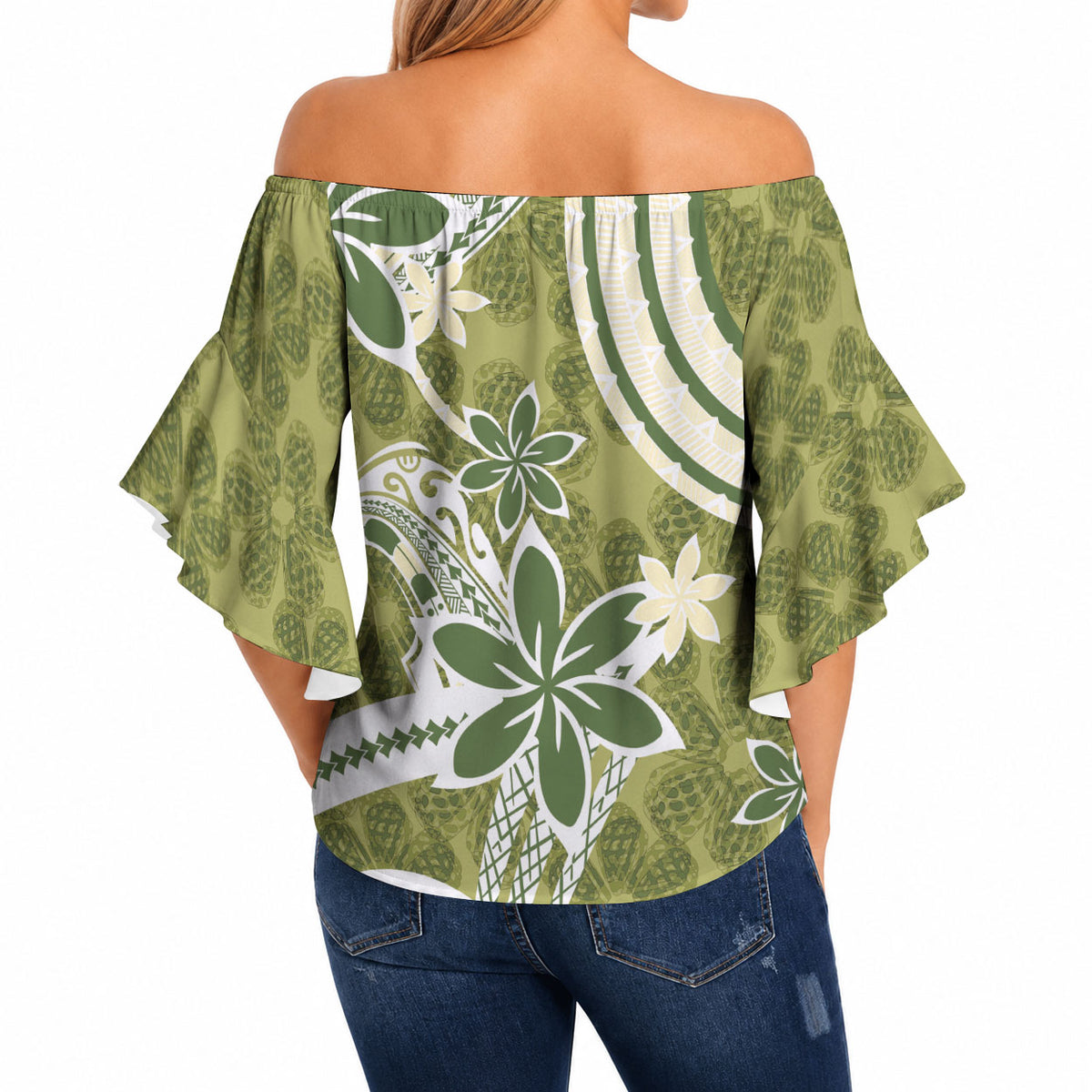 Hawaii Pupuala Plumeria Olive Green Off Shoulder Wrap Waist Top Polynesian Pattern LT01 - Polynesian Pride