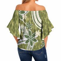 Hawaii Pupuala Plumeria Olive Green Off Shoulder Wrap Waist Top Polynesian Pattern LT01 - Polynesian Pride