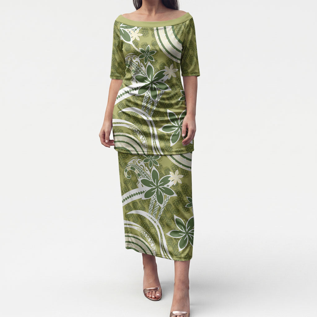 Hawaii Pupuala Plumeria Olive Green Puletasi Polynesian Pattern LT01 Long Dress Olive Green - Polynesian Pride