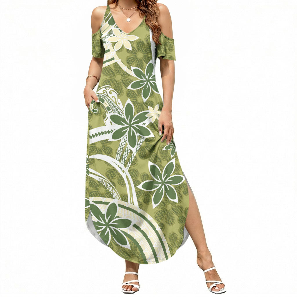 Hawaii Pupuala Plumeria Olive Green Summer Maxi Dress Polynesian Pattern LT01 Women Olive Green - Polynesian Pride