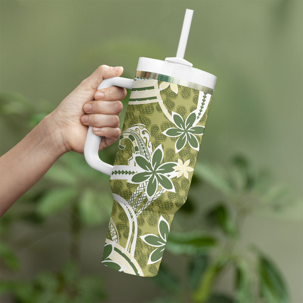 Hawaii Pupuala Plumeria Olive Green Tumbler With Handle Polynesian Pattern LT01 - Polynesian Pride